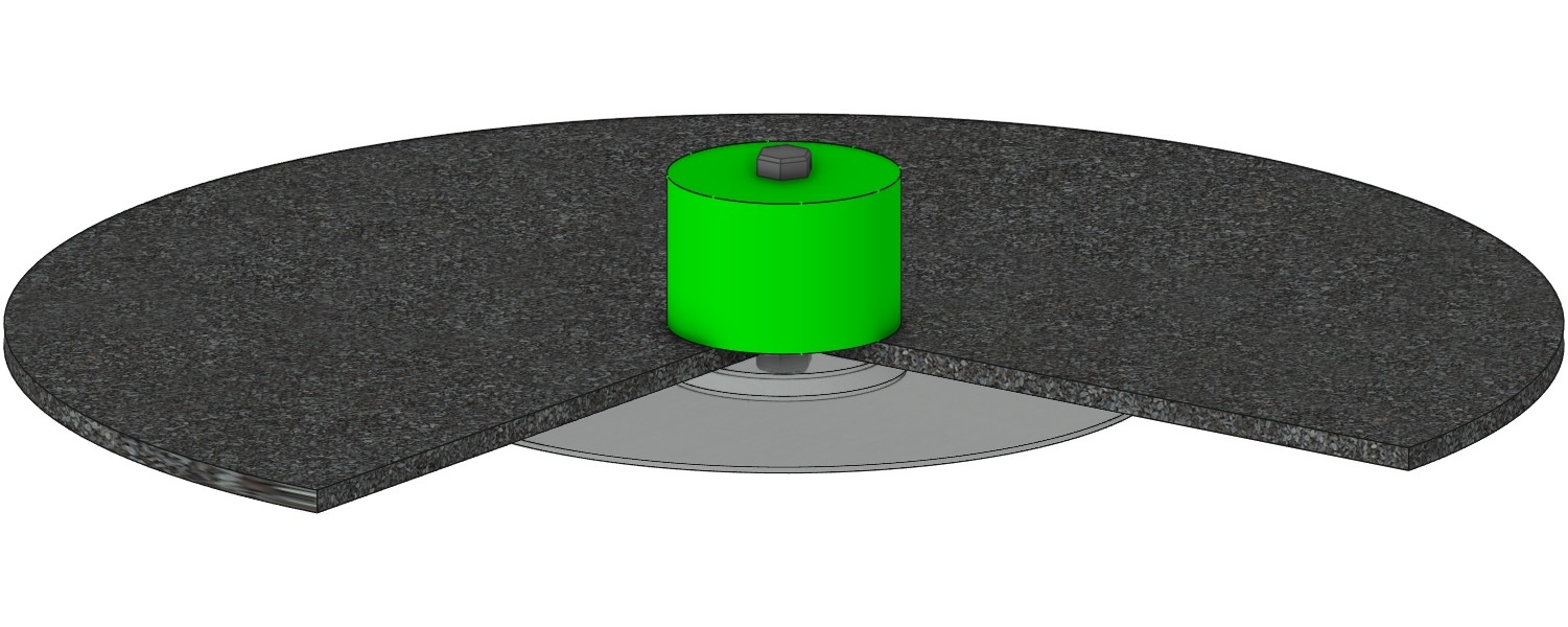 3D-Darstellung eines Befestigungspunktes mit Auflageplatte und zylindrischem Bauteil auf der Dachhaut